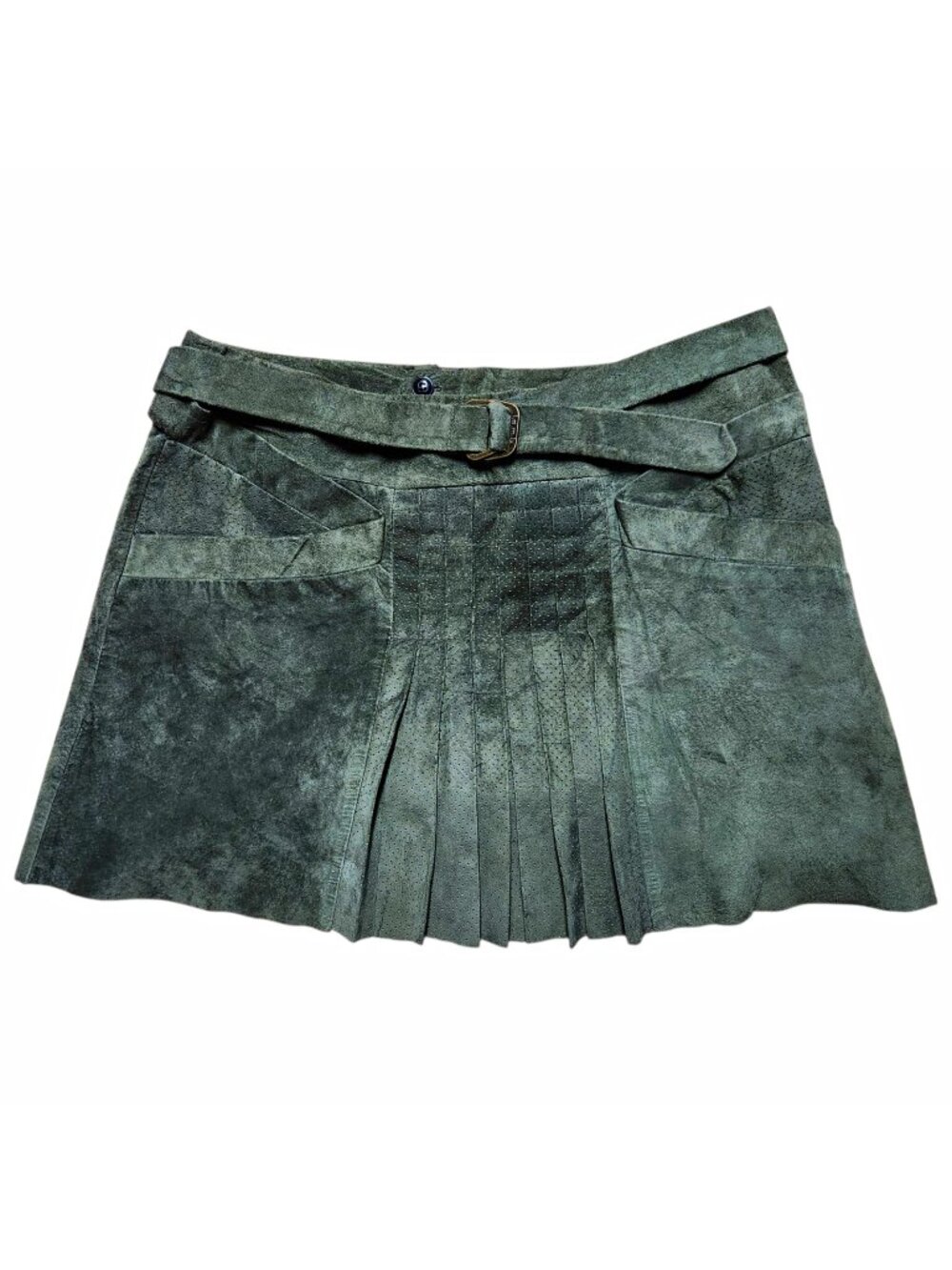 L.A.M.B. by Gwen Stefani 100% Suede Pleated Mini Skirt Size 10 Olive Gray